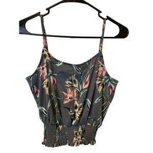 🍒 2/$20 Gray & Pink Floral Crop Tank Top, Adjustable Straps, Ribbed Bottom sz S